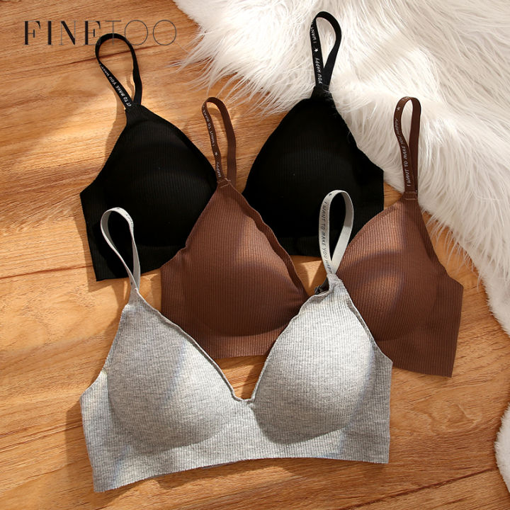 FINETOO Women Wireless Bra Deep V Padded Bralette S-XL Trendy Stripe Knitting Bras  Ladies Brassiere Solid Underwear 6 Color