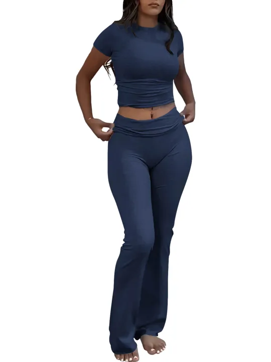 Casual%20Workout%20Two%20Piece%20Outfits%20for%20Women%20Short%20Sleeve%20Crop%20High%20Waist%20Foldover%20Flare%20Pants%20Tracksuit%20Sets%20Streetwear%20-%20Image%202