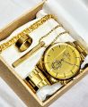 4PCS/MENS WEDDING WATCH DEAL TOP FASHION GOLEN HIGH QUAILITY CASUAL WATCH +CUBAN LOINK CHAIN BRACLET +LOCKET+RING FOR MEN /BOYS. 