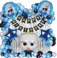 Boss Baby Theme set including 40 latex balloons , 5 pieces boss baby theme balllons, 1 foil back curtains,1 happy birthday card chain , 1 ribbon goat , 1 straw perfect for your birthday decor. 