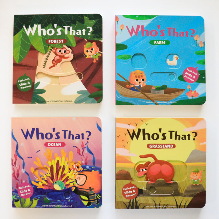 Who’s That? Push-Pull-Slide Board Books —4-Book Interactive Set for Toddlers & Preschool—Forest, Farm, Ocean & Grassland Animals
