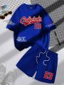 2025 summer new trend men's suit round neck short sleeve set fashion personalized alphanumeric print round neck T-shirt and shor. 