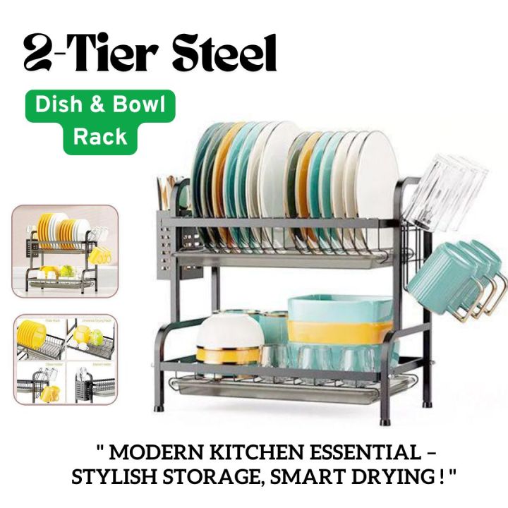 2-Tier Modern Steel Dish & Bowl Rack – Space-Saving Kitchen Organizer ...