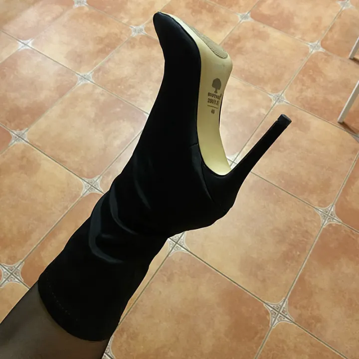 Women%207.5cm%2010cm%20High%20Heels%20Silk%20Sock%20Boots%20Green%20Low%20Heels%20Short%20Ankle%20Boots%20Lady%20Stripper%20Winter%20Pointed%20Toe%20Satin%20%20Shoes%20-%20Image%202