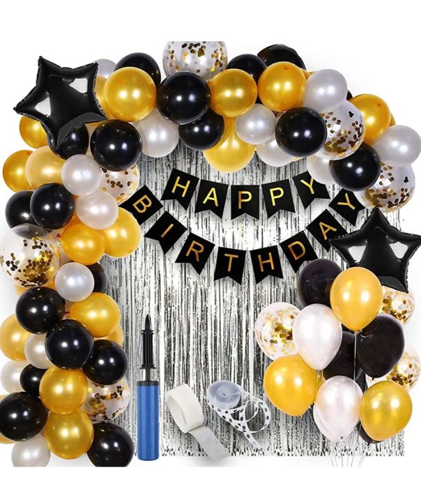 Happy Birthday Decoration Kit 63Pcs Combo Set, Happy Birthday Banner, With Silver Foil Curtain&Metallic Confetti Balloons, With Balloon Pump&Glue Dot