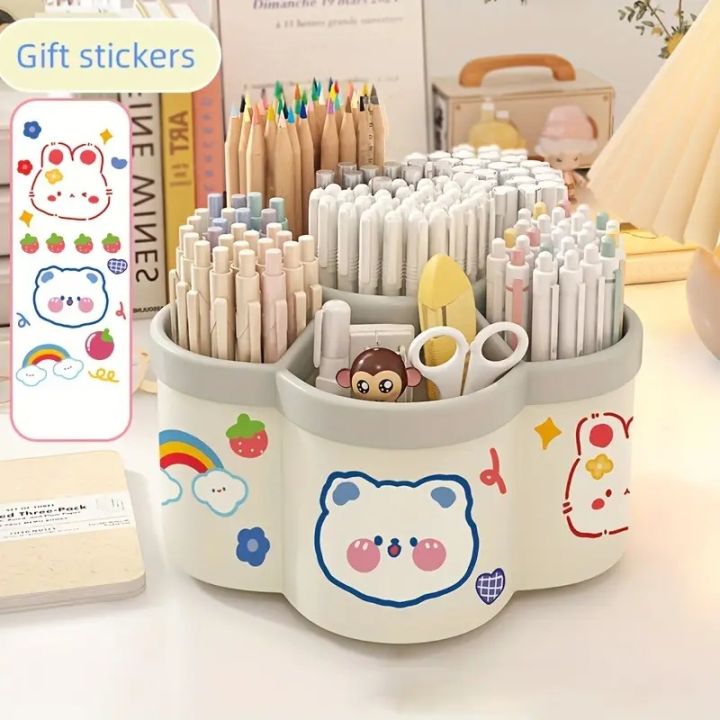 Cartoon Fire Wheel 360 Degree Rotating Pen Holder Storage Box Large Capacity Storage Box Office Desktop Stationery Storage