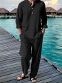 Men's Shirt Pants Suit Summer Breathable Beach Hawaiian Vacation Casual Long Sleeves Set Solid Color Loose Jogging Trousers.