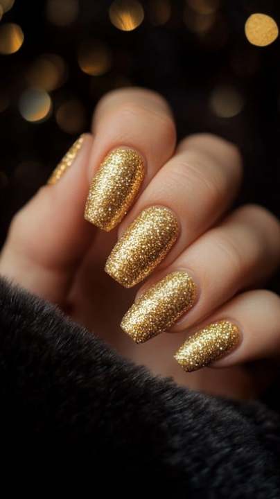 Golden Glitter Nails - Artificial Nails Add a touch of glamour to your look