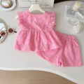 New Korean Style Girls' Summer Pink Cotton Suit Baby Hollow Small Flying Sleeve Top + Shorts Two-Piece Sweet Baby Girl Suit. 