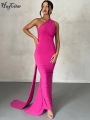 Hugcitar One Shoulder Backless Adjustable Scarf Loop Ruched Maxi Dress Women Elegant Y2K Streetwear Festival Outfit.