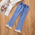 Girls' Jeans Spring and Autumn New Casual 3-12 Year Old Children's Loose Flare Pants Lace Pearl Girls' Denim Pants. 