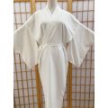 Traditional Japanese Kimono White Robe with Obi Belt Long Sleeves Yukata Lined for Spa Vacation Sleepwear Home Relaxation.