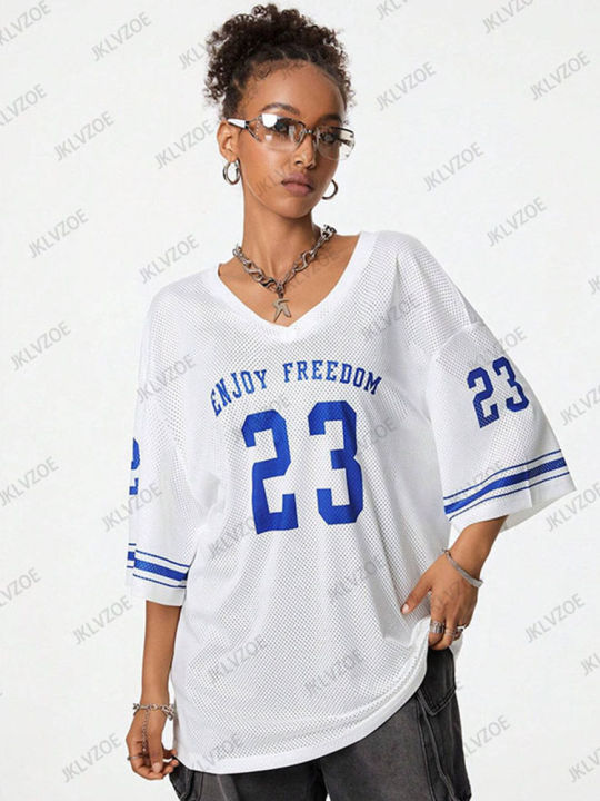 Orange%20Enjoy%20Freedom%2023%20Print%20T-Shirt%20For%20Women%20Summer%20New%20V-Neck%20Short%20Sleeve%20Sports%20Football%20Jersey%20Y2K%20Loose%20Oversized%20Tops%20-%20Image%206