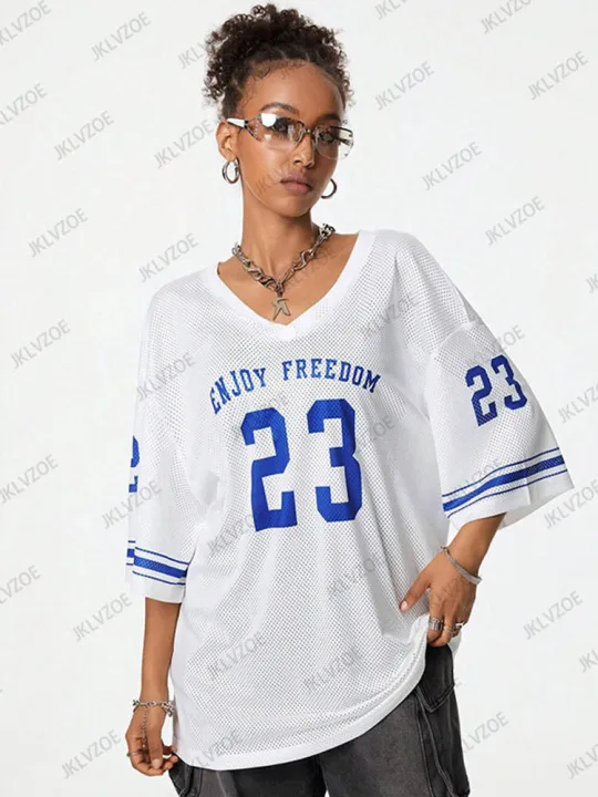 Orange%20Enjoy%20Freedom%2023%20Print%20T-Shirt%20For%20Women%20Summer%20New%20V-Neck%20Short%20Sleeve%20Sports%20Football%20Jersey%20Y2K%20Loose%20Oversized%20Tops%20-%20Image%206