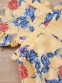 Summer girls conservative commute less sook flower print lace camisole yellow square collar pleated elastic romper. 