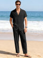 Men Beach Short Sleeve Shirt Pants Set Summer Casual Ice Silk Polo Shirt Long Pants 2-Piece Set Trendy Daily Male Suit. 
