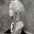 Gothic Lolita Lace Headband with Rose Flower Pearl Tassel Black White Frilled Headdress for Women Cosplay Party Hair Accessories.