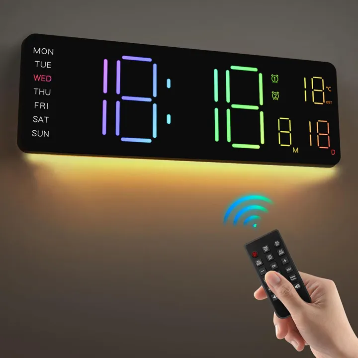 Led Clock Wireless Digital LED Wall Clock with Remote Control Calendar Colorful Night ...