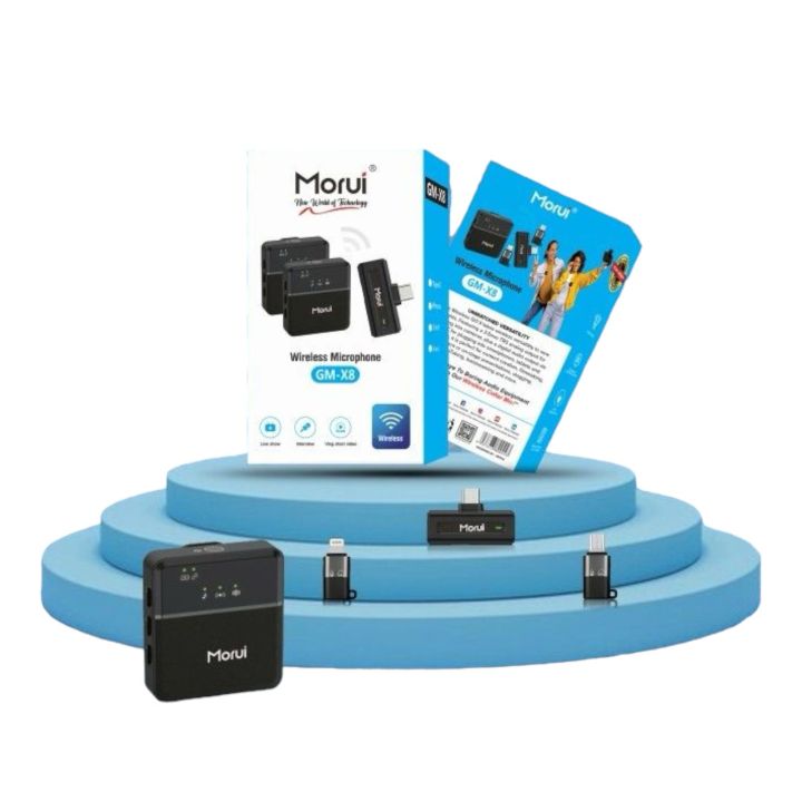 Morui 3 In 1 Mic (GM-X8) - Wireless Noise Cancellation Mice For live show , interview and vlogging - Long-range Ecosphere wireless Mic - Microphone For YouTube - Collar Mic - (Compatible With IPhone, Type C & V8)