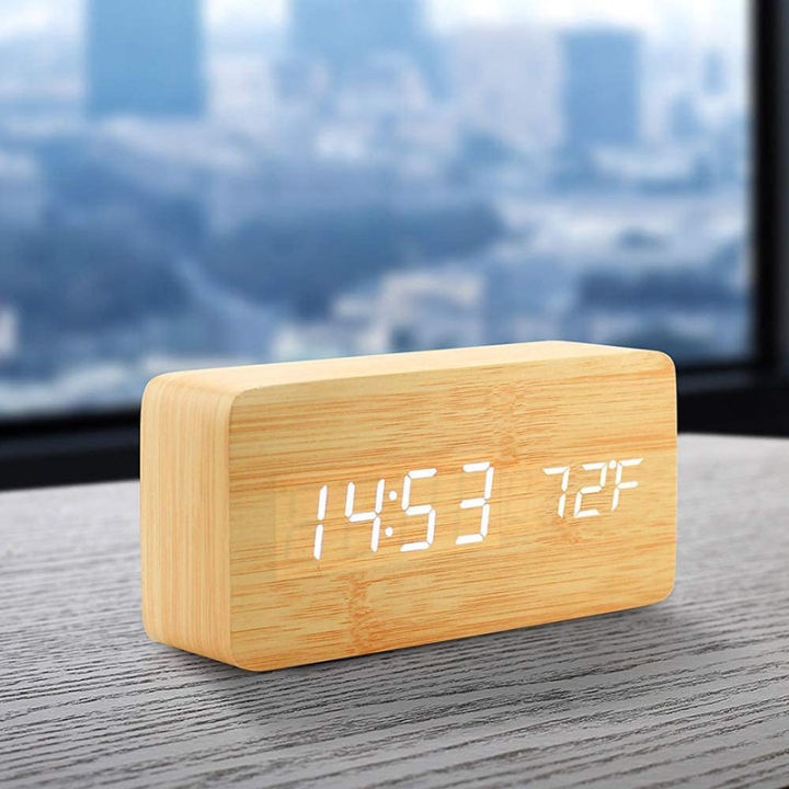 Digital Alarm Clock Wooden LED Table Clock with Temperature for Bedroom