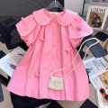 2-10 Years Summer Cute Girls Dress Heart Jewelry Decoration Flip Collar Single Row Buckle Design Dress For Girl.
