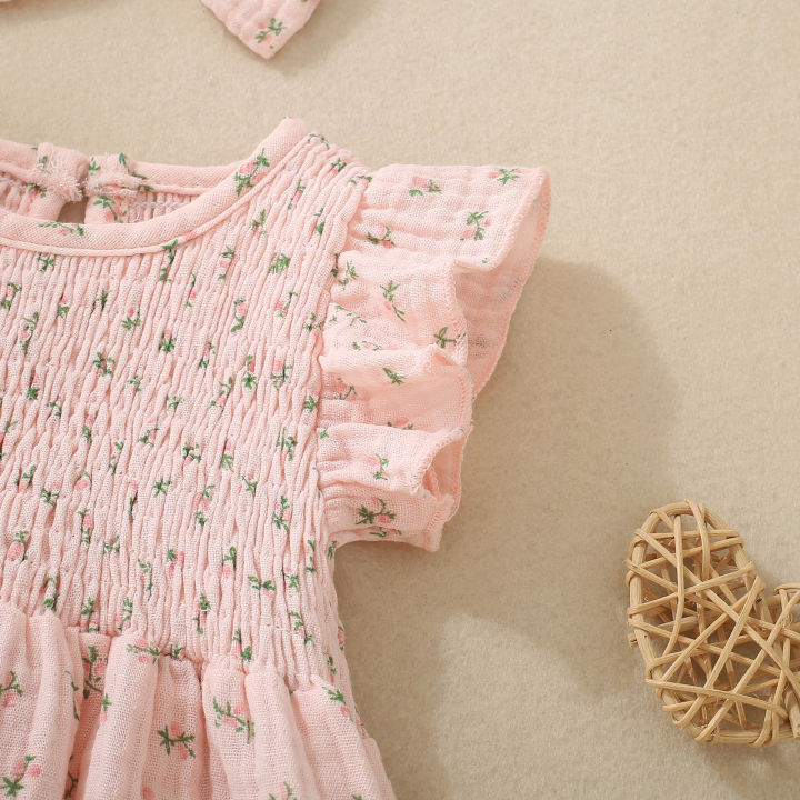 Summer%20female%20infant%20pink%20short-sleeved%20flower%20and%20plant%20print%20triangular%20Romper%20and%20bow%20headscarf%20two-piece%20set%20-%20Image%204
