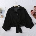 Casual Loose Hollow White Clothes Elegant Solid Color Tied Waist Blouse Women Summer Bat Half Sleeve Button Chiffon Shirt 9776. 