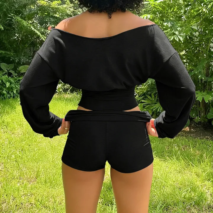SUCHCUTE%20Woman%202%20Piece%20Set%20%20Slash%20Neck%20Long%20Sleeve%20Crop%20Tops%20+%20Shorts%20Tracksuits%20Casual%20Solid%20Two%20Piece%20Outfits%20Spring%202pcs%20-%20Image%205