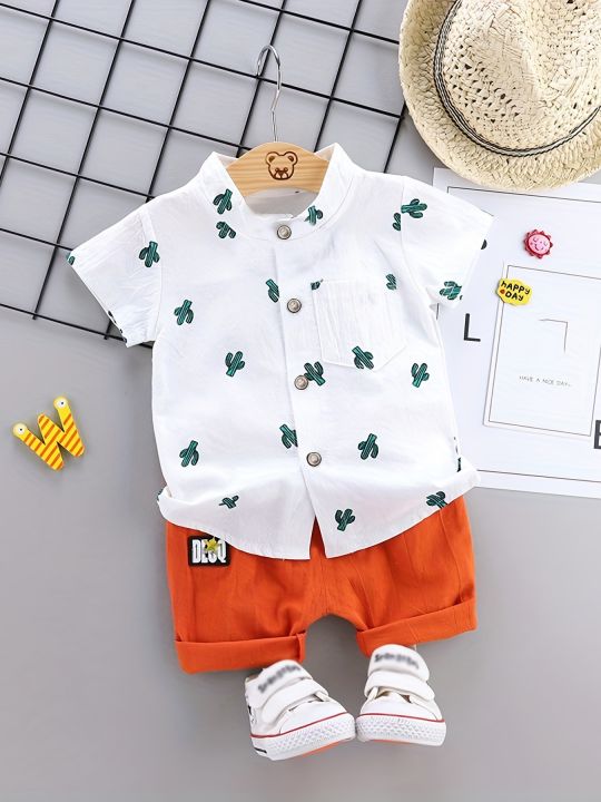 Infant%20Toddler%20Summer%20Full%20Print%20Cactus%20Pattern%20Short%20Sleeve%20Shirt%20And%20Shorts%20Set%20Outdoor%20Standing%20Collar%20Two-Piece%20Outfit%20-%20Image%207