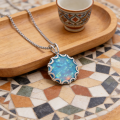 Wave Frame Opal Pendant Necklace,Round Blue Green Opal with Red Fire,White K Plated Floral Jewelry,Dainty Charms Gift for Women. 