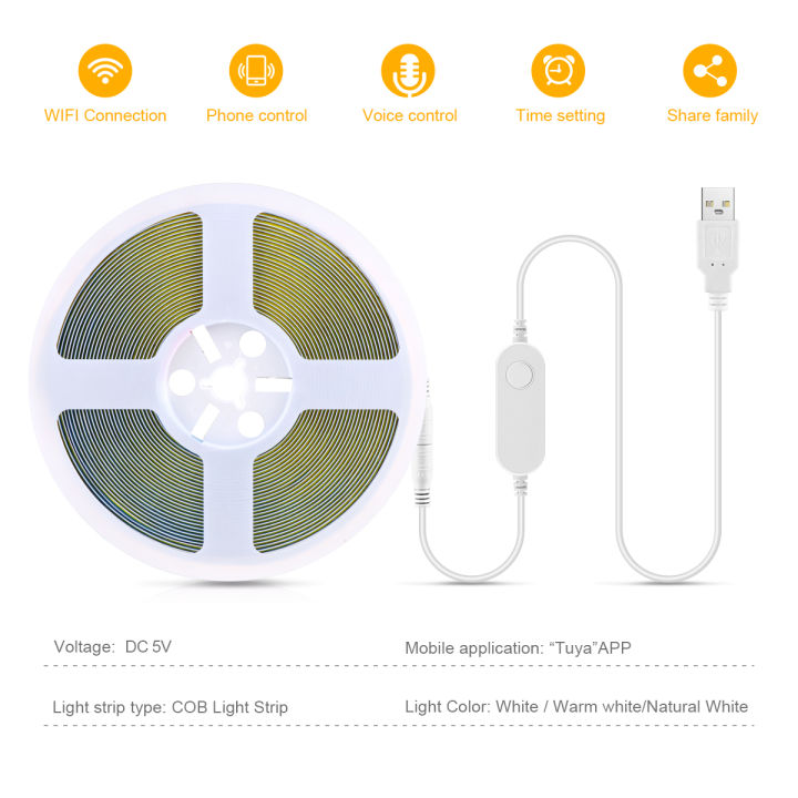 5V%20Tuya%20Smart%20Life%20WiFi%20USB%20COB%20LED%20Strip%20Ultra%20Bright%20320LEDs/m%20Flexible%20Tape%20Ribbon%20COB%20Lights%20RA90%20Works%20Alexa%20%20Home%20lightify%20-%20Image%202