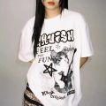 American Cat Rock Guitar Graphic Short Sleeve T-Shirt Loose Korean Fashion Oversized Women's Summer Clothes Y2k Streetwear. 