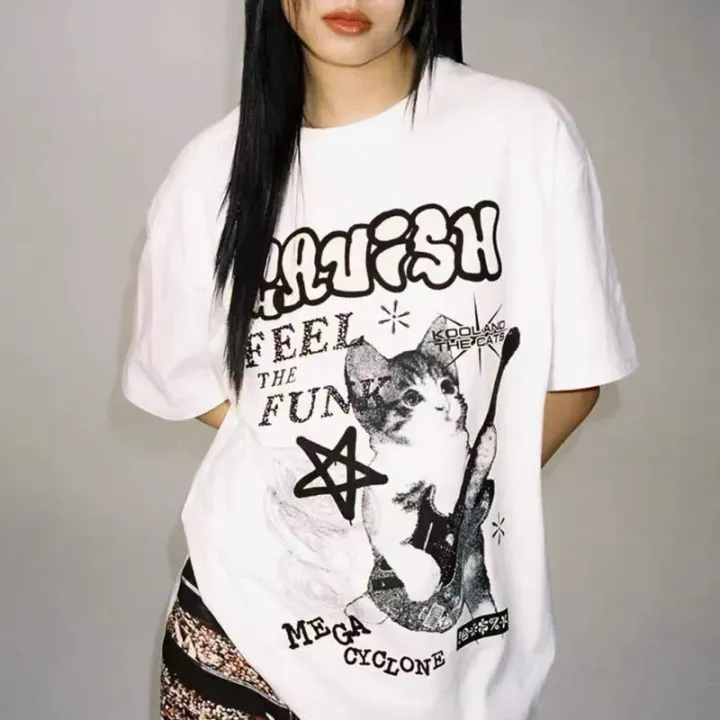 American%20Cat%20Rock%20Guitar%20Graphic%20Short%20Sleeve%20T-Shirt%20Loose%20Korean%20Fashion%20Oversized%20Women's%20Summer%20Clothes%20Y2k%20Streetwear%20-%20Image%202