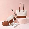 3-Piece Dual-Tone Women’s Handbag Set - Textured PU Leather Large Tote with Tassel Detail - Matching Crossbody Messenger Purse & Mini Pouch for Ladies - New 2026 Office & Party Wear Collection. 