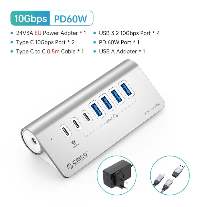 ORICO%20USB%203.2%20HUB%2010Gbps%20Type%20C%20Expander%20PD60W%20Charging%20Hub%207-port%20Splitter%20for%20PC%20laptop%20with%20EU%20Power%20Adapter%20Docking%20Station%20-%20Image%207