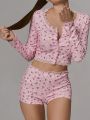 Women 2 Piece Outfit French Style Floral Lace Long Sleeve Top Shorts Set Casual Pajamas Tracksuit Club Party Lounge.