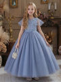 Tween Girl Grey Blue Wedding Flower Girl Dress with Removable Butterfly Knot Decorative Belt, Small Shawl with Floral Embroidery. 