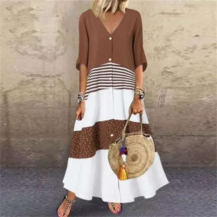 Plus%20size%20summer%20Women's%20Fashion%20Short%20Sleeve%20Dress%20V-neck%20Printed%20Long%20Elegant%20Loose%20Dress%20Button%20Casual%20Large%20Women's%20Dress%20-%20Image%203