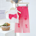 New Spring Summer Girls Clothing Set Sleeveless Bow Embroidery Shirt +Butterfly Decoration Gradient Ripped Denim Jeans 2Pcs Suit. 