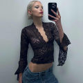 Dulzura Women 2024 Autumn Winter Long Sleeve Party Club Lace See Through Bodycon Black Y2k T-Short Wholesale Items For Business. 