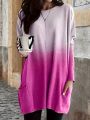 Fall/Winter New Fashionable Elegant Gradient Print Casual Crew Neck Pocket Plus Size Women's Long T-Shirt Top.