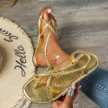 Women's Braided Flat Sandals Casual Clip Toe Summer Shoes Lightweight Elastic Band Sandals Gold Silver Footwear.