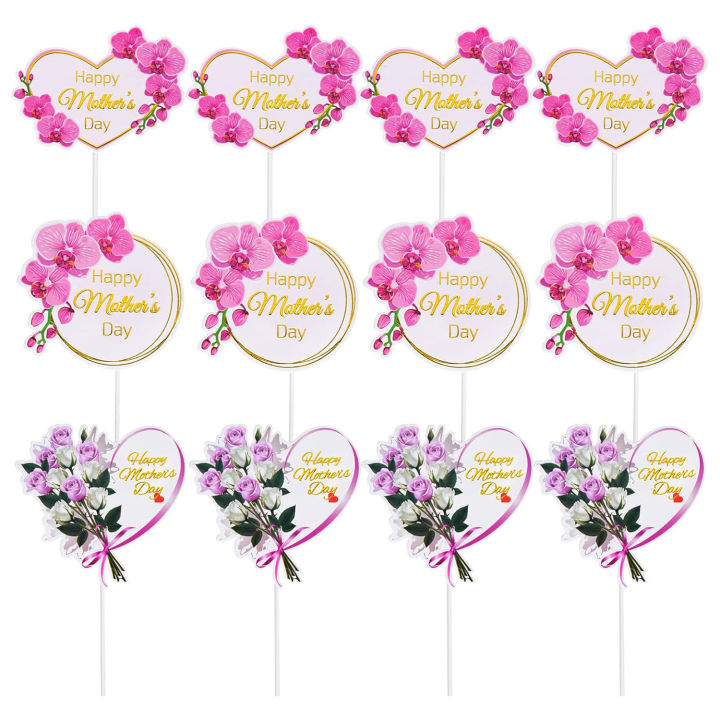 12 Pieces Happy Mother's Day Cake Toppers Flower Cupcake Topper for Mother's Day Birthday Cake Decoration Party Supplies