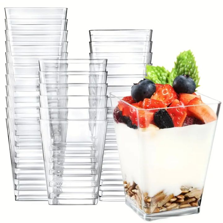 Disposable Clear Plastic Mini Dessert Cups Square Parfait Appetizer Bowls with Spoons Durable Tasting Cups for Parties