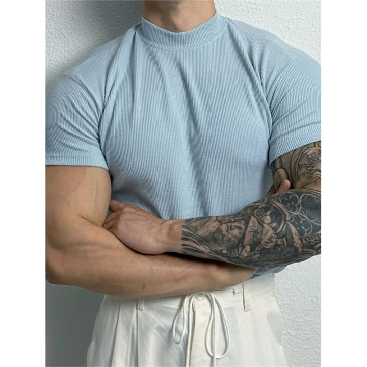 Spring%20Summer%20Elastic%20Men's%20T-Shirt%20Small%20High%20Collar%20Stripe%20Shirt%20Short%20Sleeve%20Fitness%20Top%20Leisure%20Sport%20T-Shirt%20Men%20Sportswear%20-%20Image%203