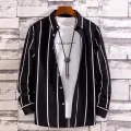 Men's Striped Shirt Long Sleeve All-Match Slim Fit Korean Fashion Black Blue Print Shirts Non-iron Casual Business Dress Shirts. 