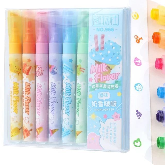 6 Assorted Pastel Colors Chisel Tip Marker Pen Fluorescent Fragrance Stamp Highlighter for Kawaii Stationery
