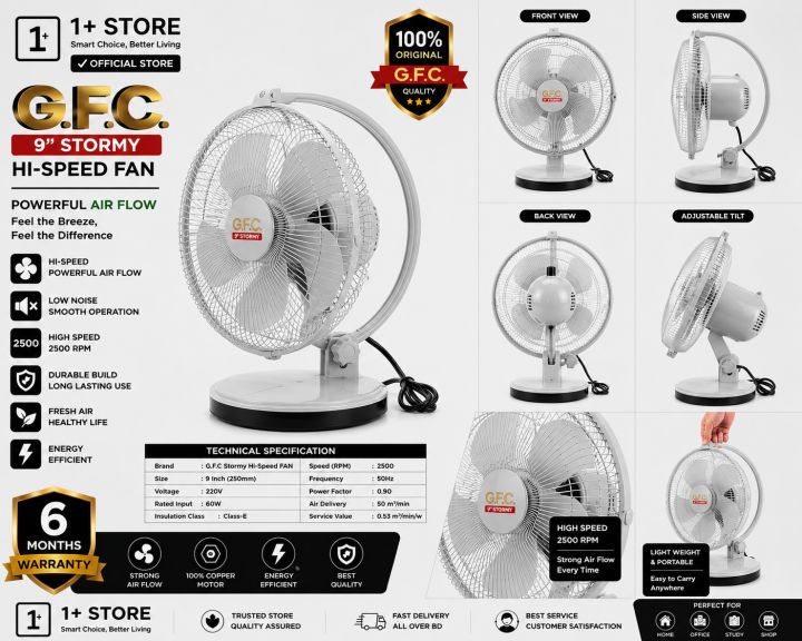 GFC Stormy 9” Premium Look High Speed  100% Copper Motor Table Fan – Premium Ash & Light Green Edition | Powerful Airflow | Low Noise | Energy Saving Fan