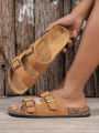 Men's Casual Simple Buckle-Adjustable Pu Upper Double-Bar Beach Flip-Flops Flat-Soled Slip-On Outdoor Home Eva Slippers. 