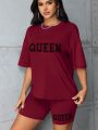 Plus Size Fashionable All-Match Shorts Short-Sleeved Suit Queen Letter Print Simple and Comfortable Two-Piece Suit 2024 New.